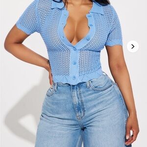 Blue Knit Button-Up Women's Top